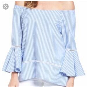 Pleione off the shoulder striped top bell poplin sleeves cotton blend relax L